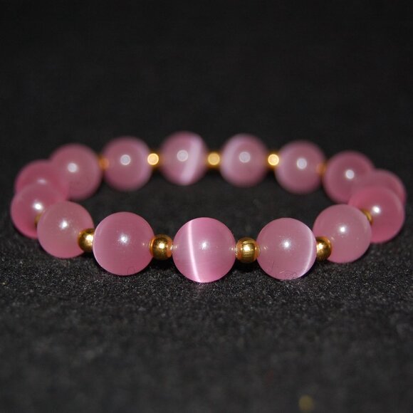 Pink Cat Eye Bracelet,Pink Bracelet,10mm Pink Cat Beaded Bracelet,Special,Lovely - Picture 2 of 4